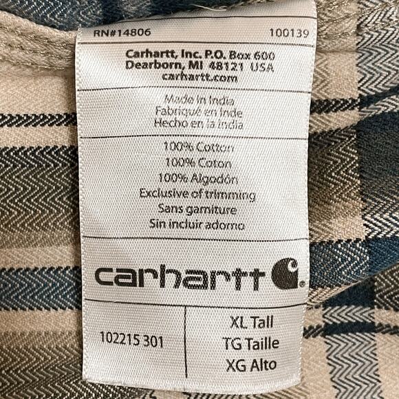 Carhartt Tartan Plaid Button Down Shirt Size XL Tall Work Brown Beige Tan Cotton - Picture 8 of 12